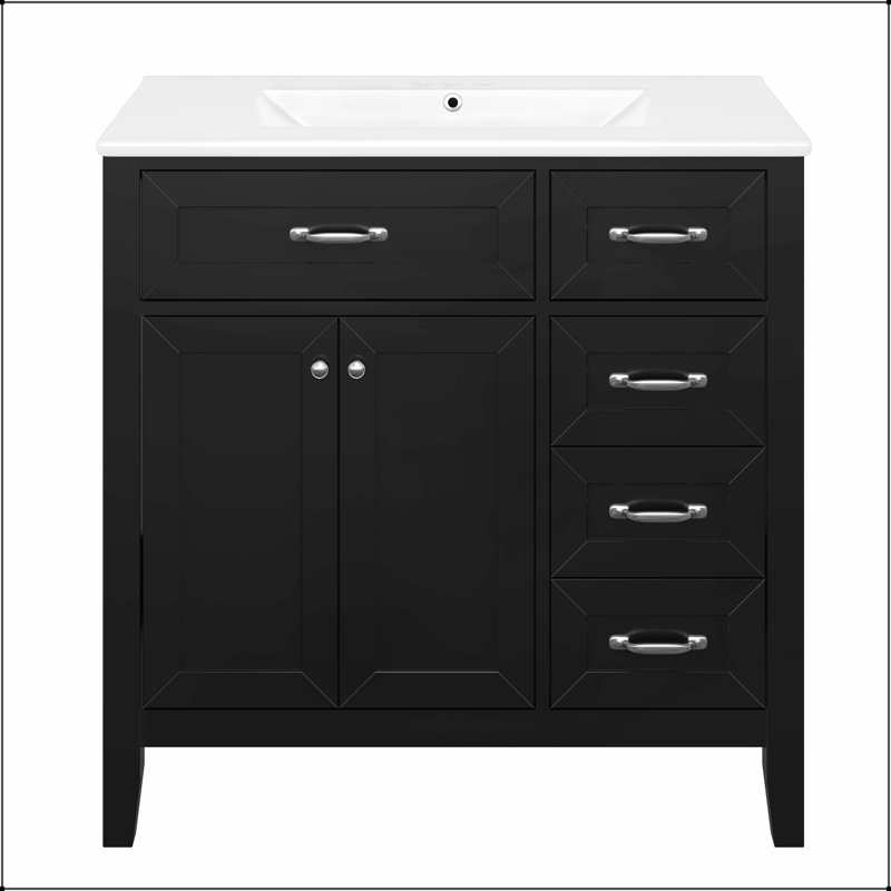 Meuble-lavabo noir de 36 pouces avec lavabo, structure solide, panneau de fibres à densité moyenne et beaucoup de rangement pour les salles de bain modernes