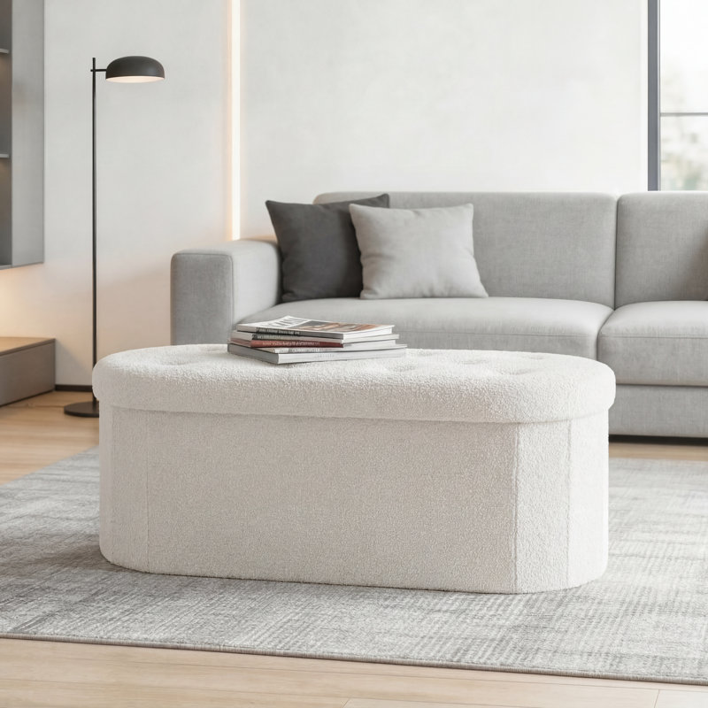 Oval Storage Ottoman with Teddy Velvet Upholstery, Foldable Storage Bench for Bedroom and Entryway,43", White