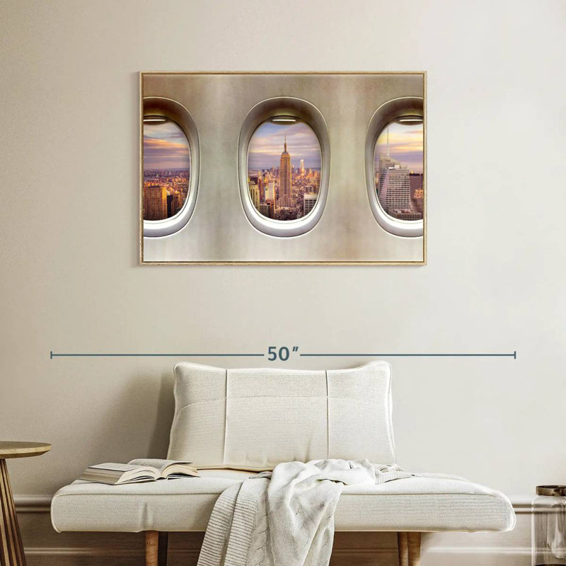 Fenêtres rétro pour avion, Cadre flottant en bois naturel, 37 po x 25 po