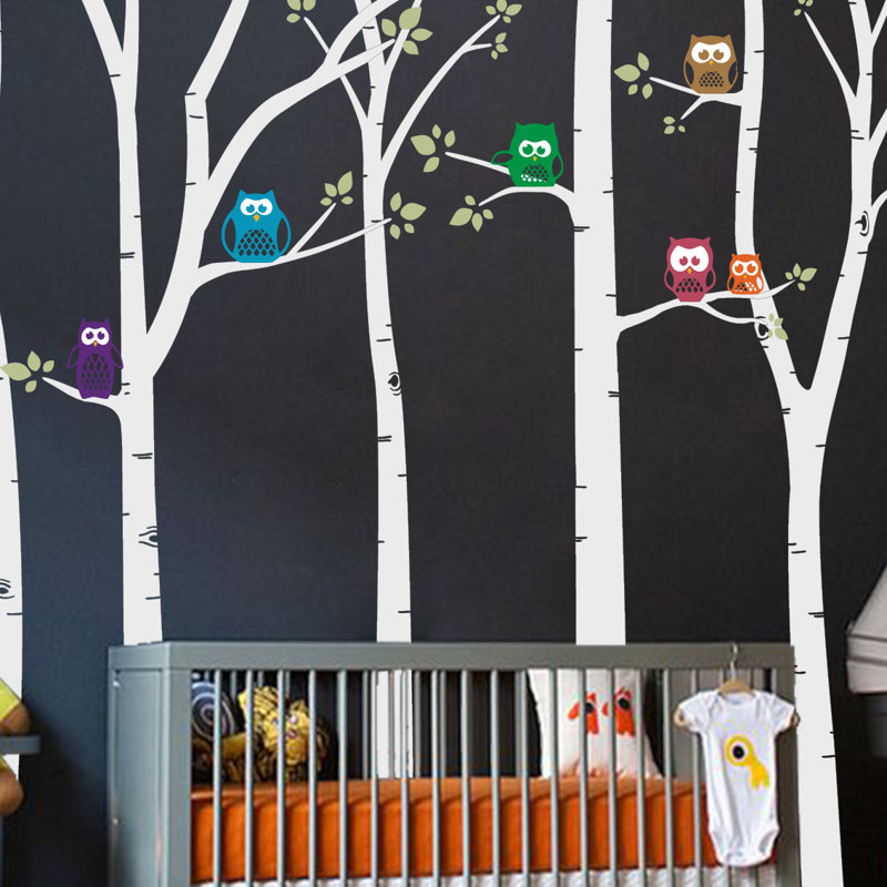 Décalcomanie murale arbres bouleau hibou, Blanc