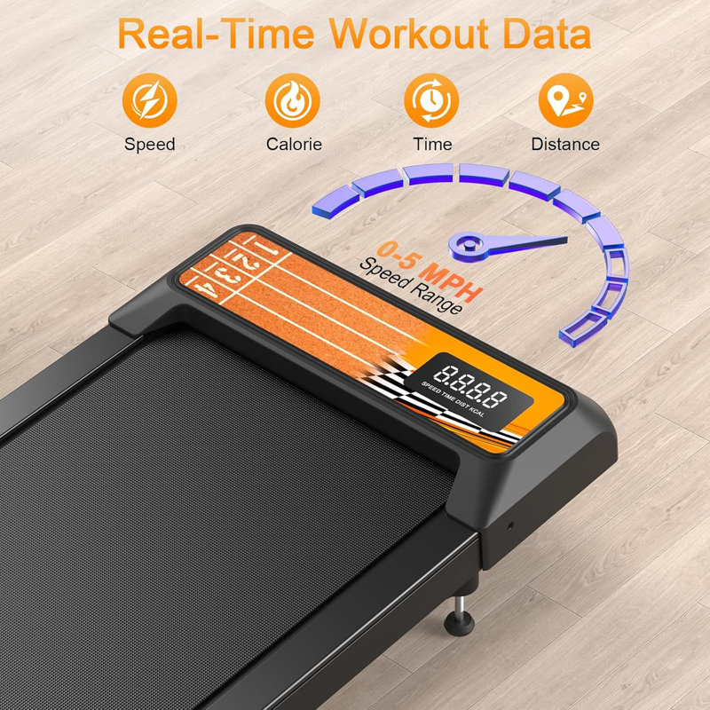 Tapis de marche compact avec poignée amovible, inclinaison de 8% et support pour application, orange