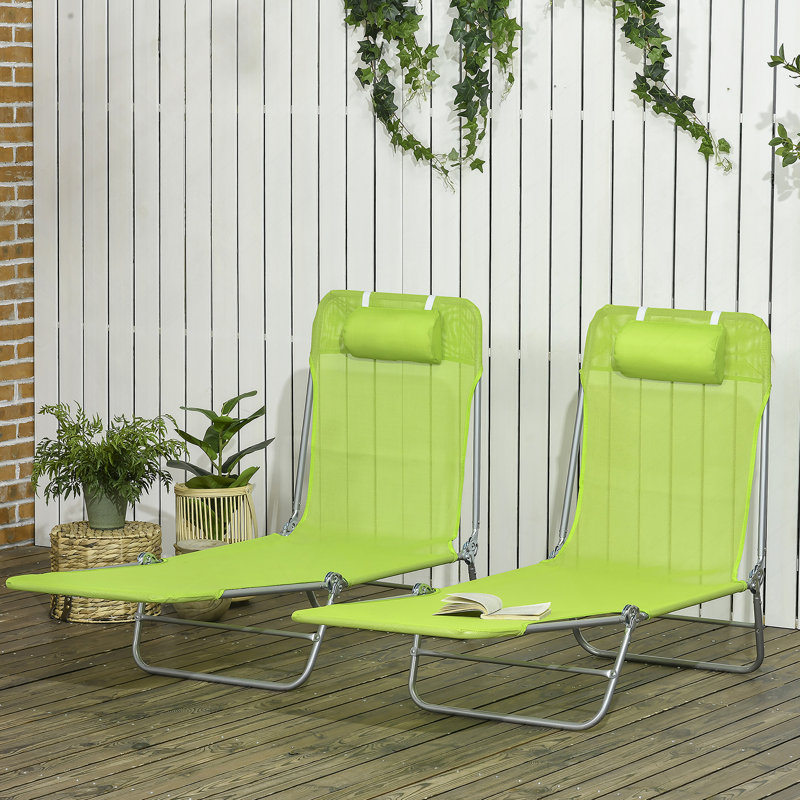 Outsunny 2 Piece Folding Chaise Lounge Chairs, 6-Position Reclining Back, Breathable Mesh Seat, Headrest For Beach, Yard, Patio
