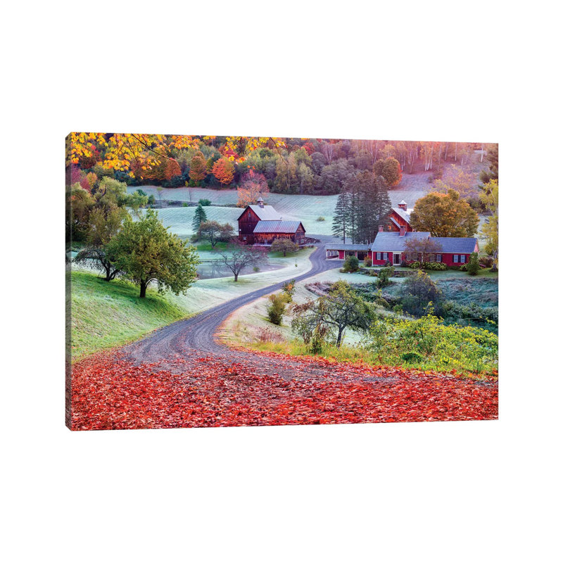First Cold Morning In Autumn, Farm In Woodstock Vermont New England by Susanne Kremer - Wrapped Canvas Print