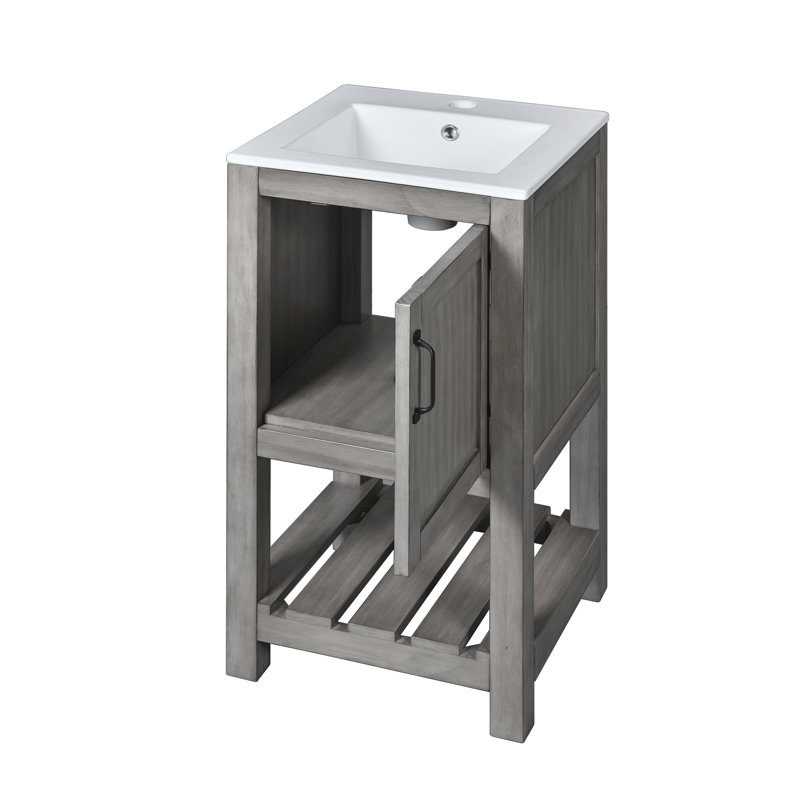  Vanity with Ceramic Sink, Bathroom Cabinet with 1 Door and Open Shelf, Compact Storage for Small Space