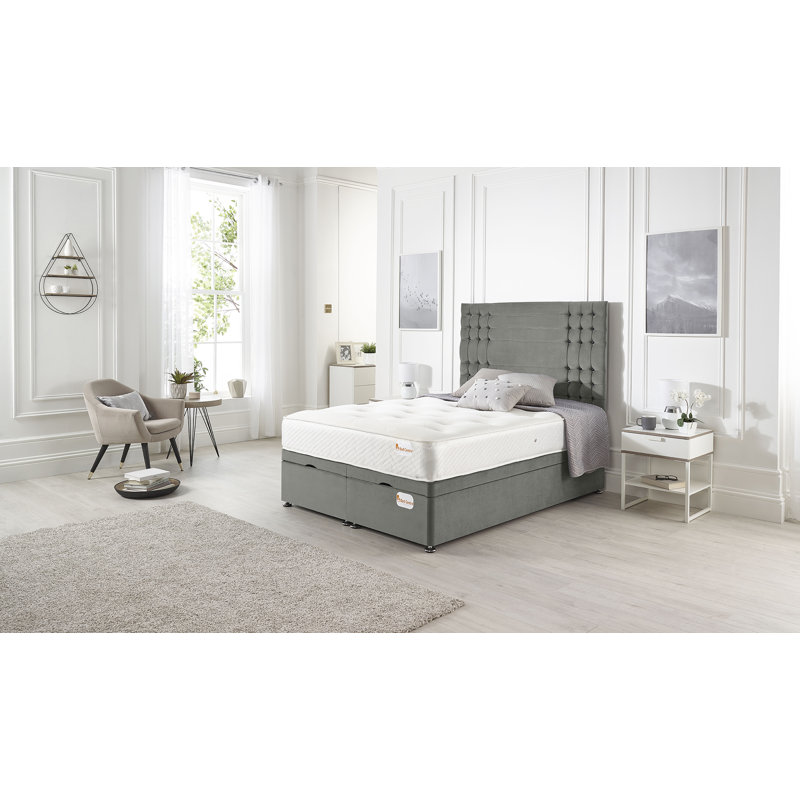 Luxara Solid Wood Ottoman Bed End Opening with Upholstered Headboard Tweed Fabric, Single (3'), Silver Linen