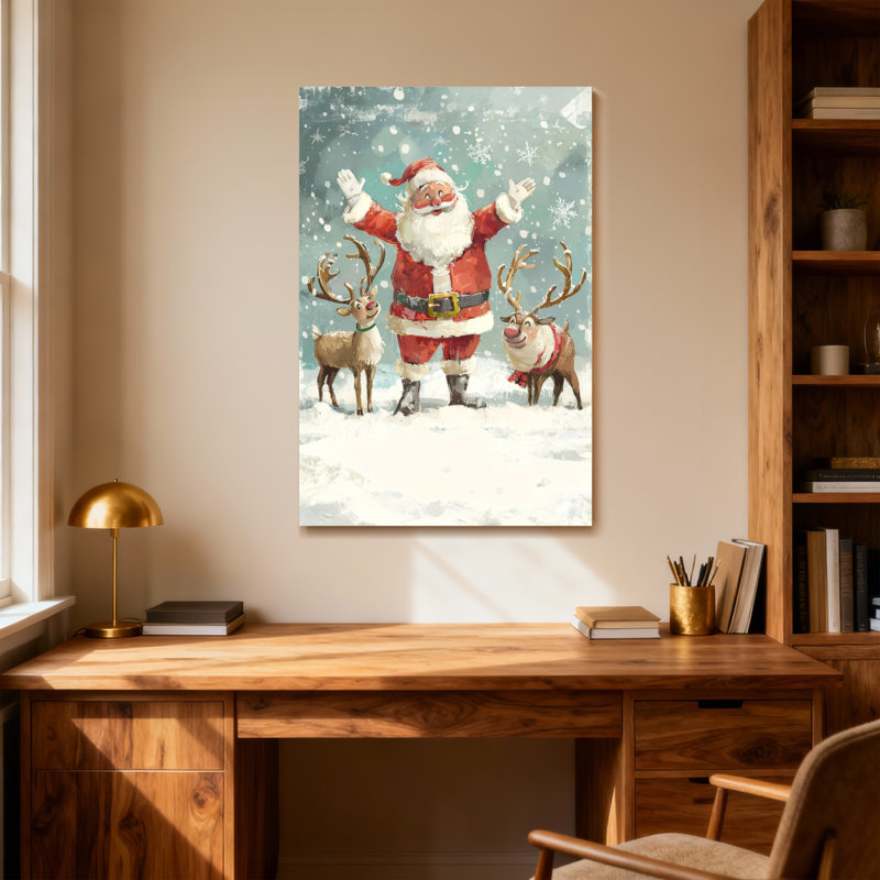 Noël père Noël avec des rennes dans la neige, H 36 po x l 24 po