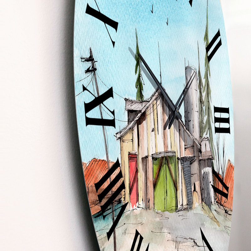 Horloge murale en bois avec grange en bois et porte verte, Grand