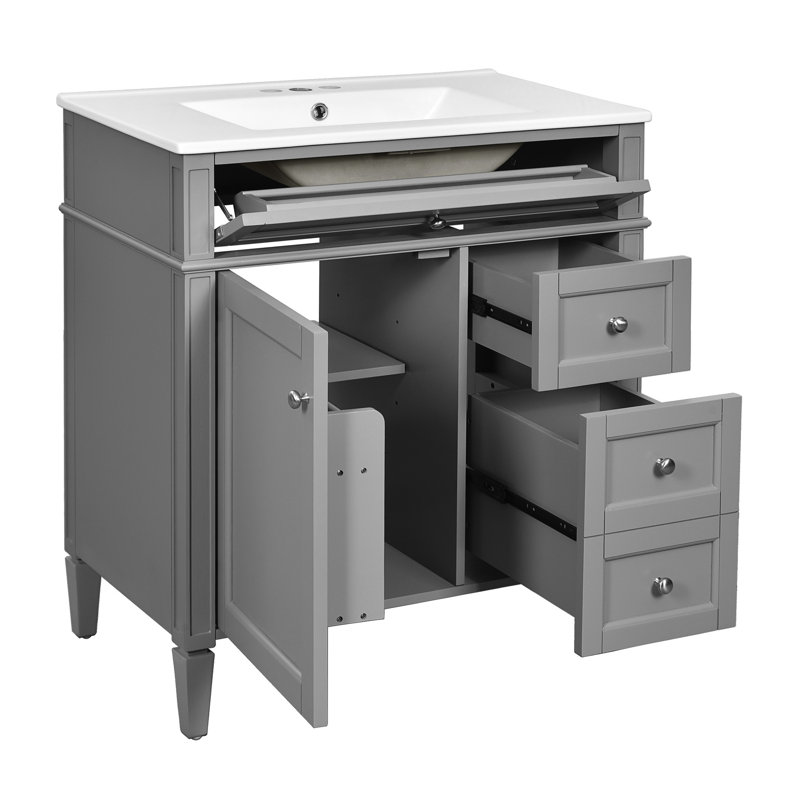 Meuble-lavabo avec lavabo de 76 cm (30 po) - Gris moderne, 2 tiroirs, tiroir basculant et rangement pour accessoires, décoration tendance