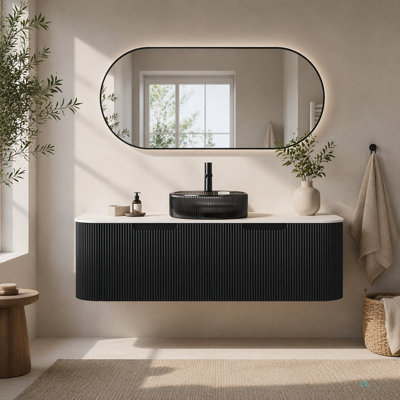Meuble-lavabo pour salle de bain avec lavabo, lavabo à fixation murale à bords arrondis à 2 tiroirs, lavabo et comptoir en verre transparent pré-assemblé