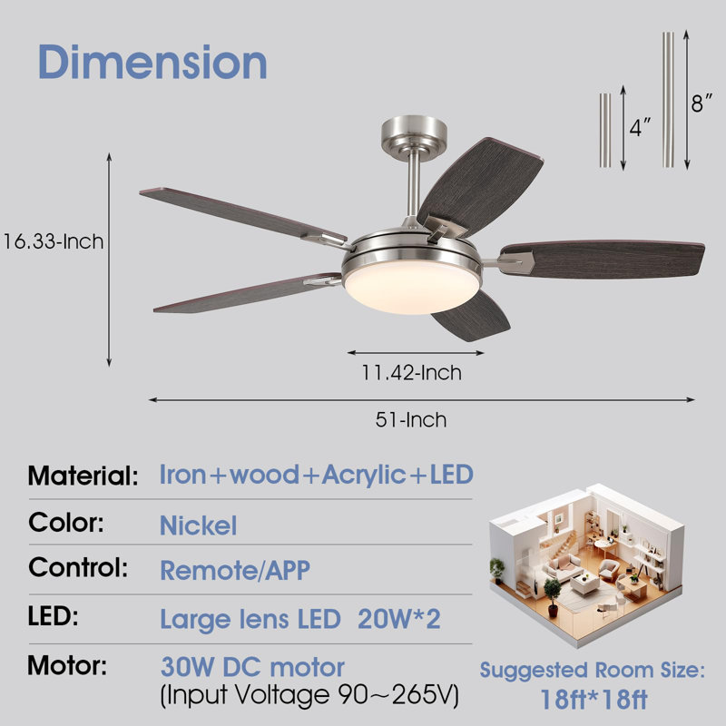 Ventilateurs de plafond de 52 pouces avec lumières et télécommande, Bois brun