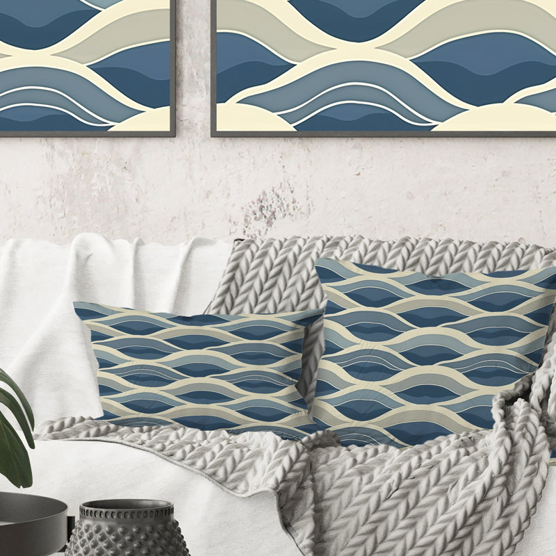 Coussin bleu beige Midcentury Waves II - Midcentury, H 16 po x l 16 po