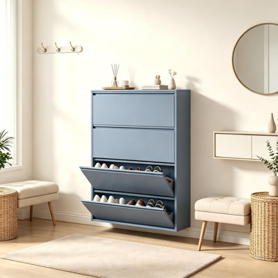 Étagère à chaussures dissimulée en métal bleu avec 4 tiroirs rabattables, ce qui économise de l'espace et est idéal pour le vestibule.