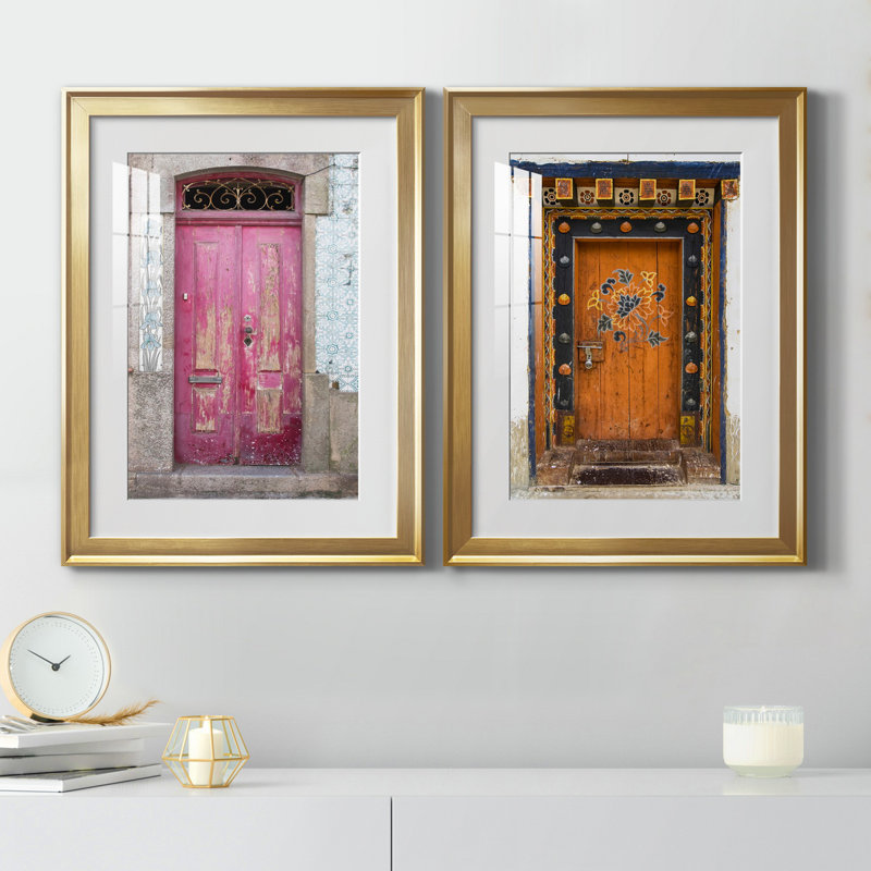 Porte portugaise - ensemble de 2 reproductions de photos, H 18,5 po x l 49 po x P 1,5 po, Papier encadré doré, Blanc
