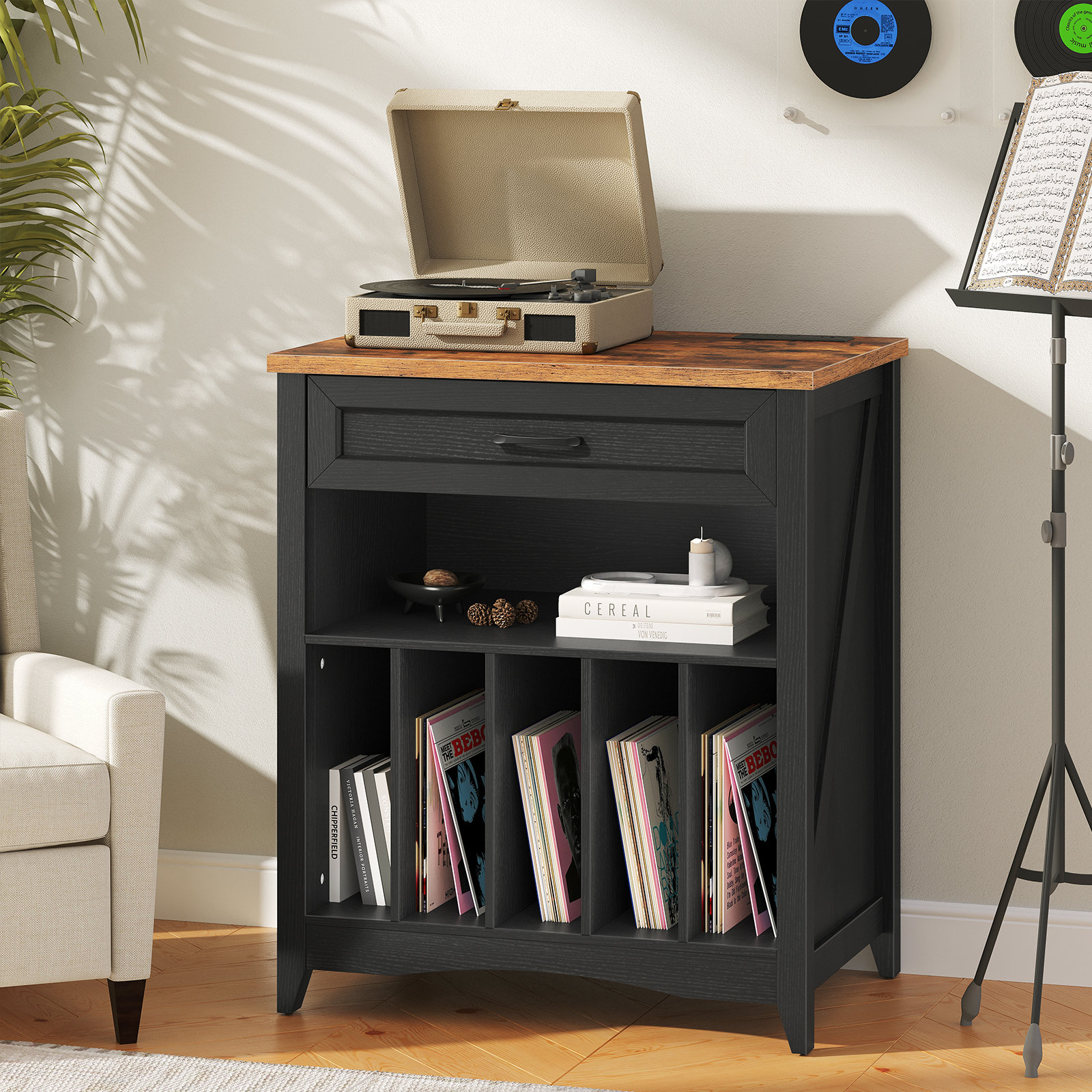 17 Stories Audio Rack Large Record Player Stand With Charging Station ...