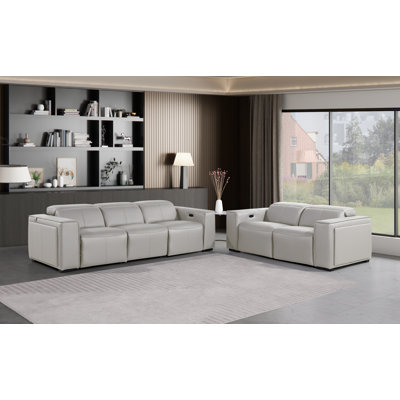 Top Grain Italian Leather Modular Power Dual Reclining Sofa & Loveseat Set With Power Headrests