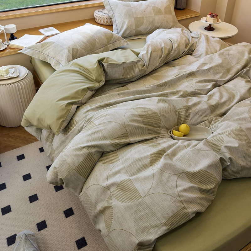 Modern Design 100% Cotton Duvet Cover Set, Green Geometric, Full Duvet Cover + 2 Full Pillowcases