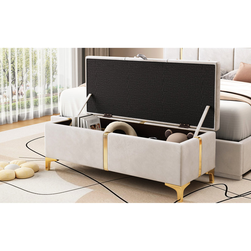 Repose-pieds élégant avec rangement rembourré, banc de rangement avec pieds en métal pour la chambre à coucher, le salon, entièrement assemblé sauf les pieds, beige