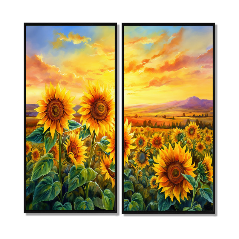 Sunflowers Burning Sunset - impressions d'art traditionnelles sur toile, H 32 po x l 32 po, Noir