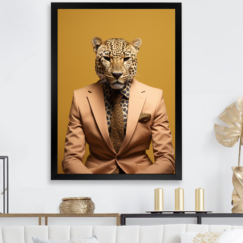 Art mural jaune guépard II, Cadre simple noir, H 32 po x l 24 po x P 1 po