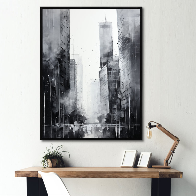 " Ebony Edifices Skyscraper City ", Black Floater Framed, 20" H x 12" W x 1" D