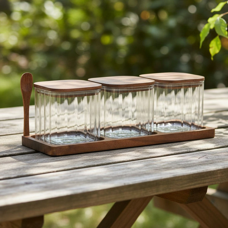 Everyday Acacia 3-Piece Glass Canister Set W. Tray, Square