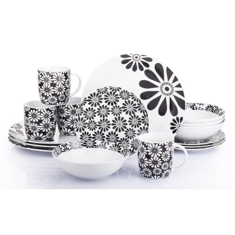 Waterside 16pc Black & White Kira Porcelain Dinner Set
