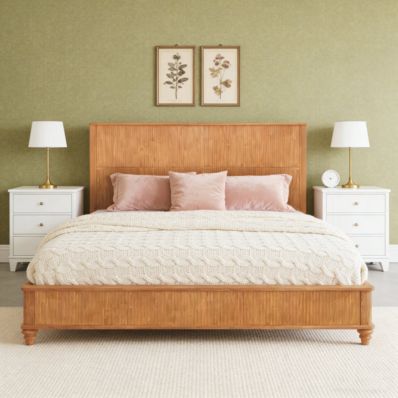 Tall Headboard Platform Bed Frame with Headboard, Natural, King