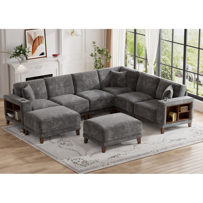 8pcs Compression Module Sectional With Bookshelf Ottoman, Dark Gray Fabric