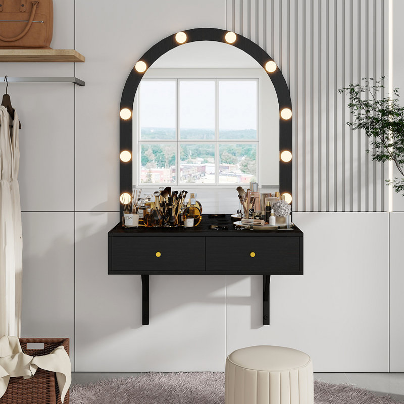 Floating Makeup Vanity Desk With Mirror & 3-Color Lights, Wall Dressing Table With Power Outlet, Compact Vanity, Large Storage