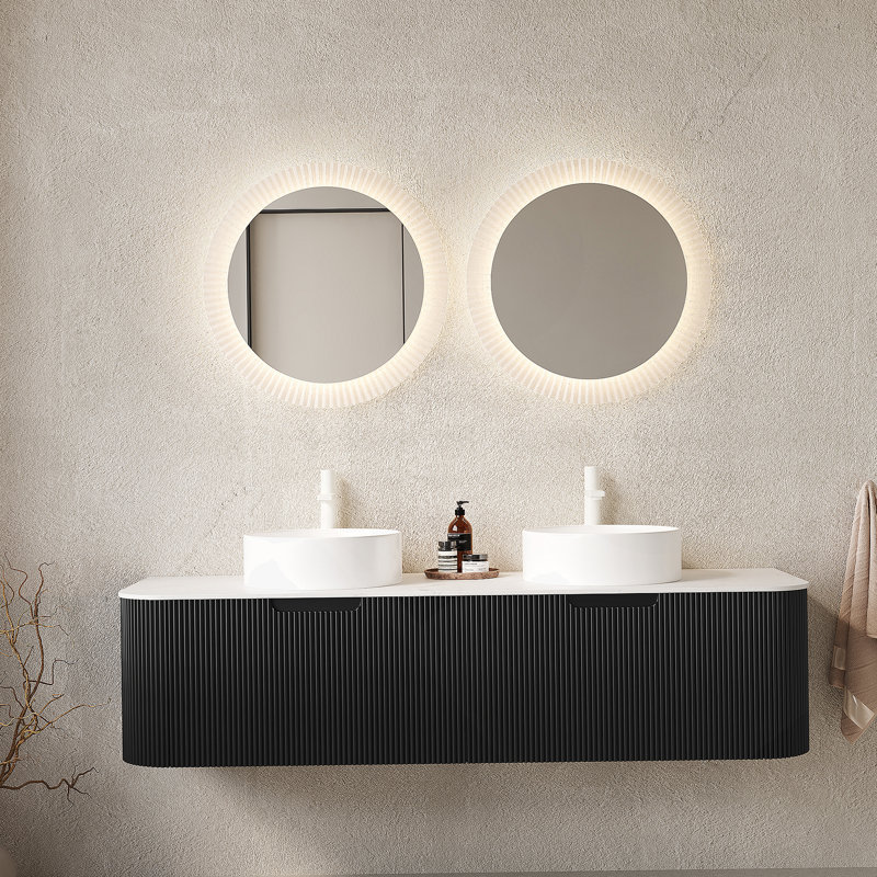Meuble-lavabo mural flottant avec lavabos, armoire de rangement, tiroirs et lavabos en céramique, idéal pour l'organisation et le style de la salle de bain