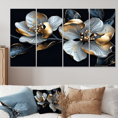 Gold And Grey Moonlit Bloom Apple Blossom II - Apple Blossom Canvas Art Set