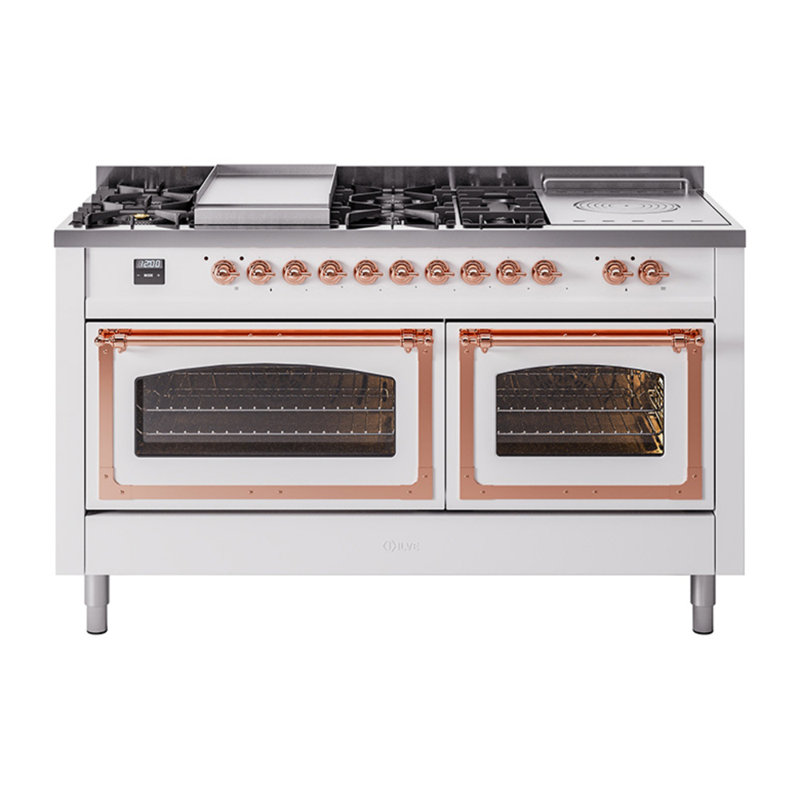 ILVE Nostalgie II Noblesse 60 po à 2 brûleurs, plaque chauffante, plaque de cuisson française, Blanc / Cuivre, Gaz naturel