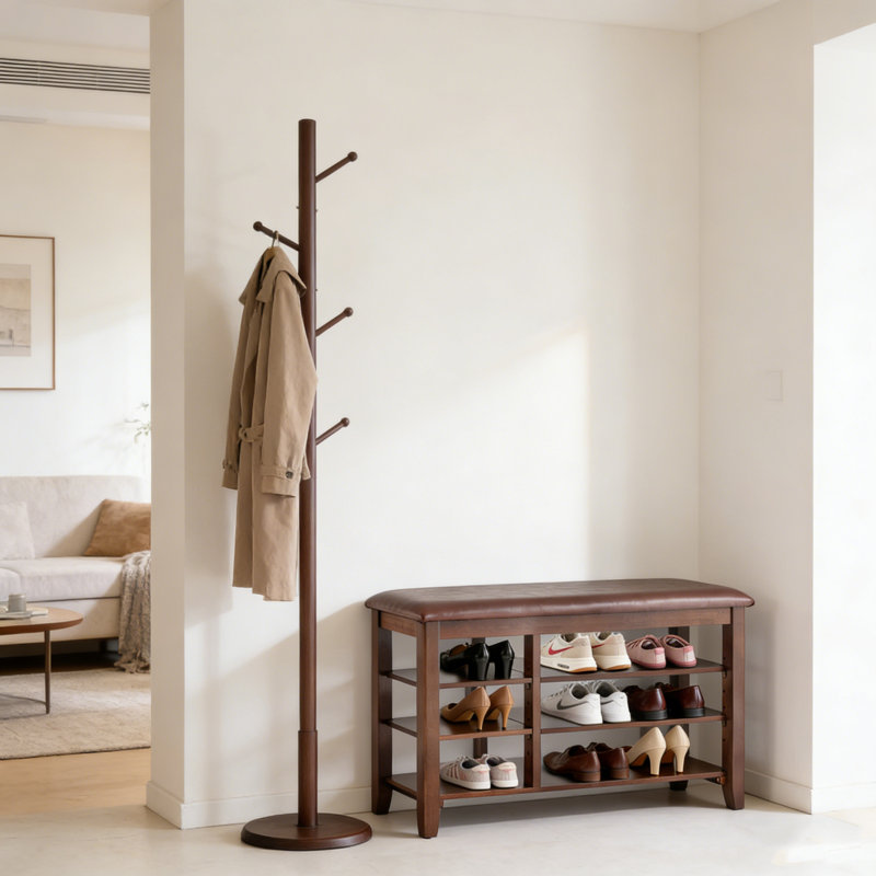 Banc de rangement pour chaussures à 3 niveaux en bois d'hévéa brun avec tablettes réglables, H 20,5 po x l 47,4 po x P 12 po