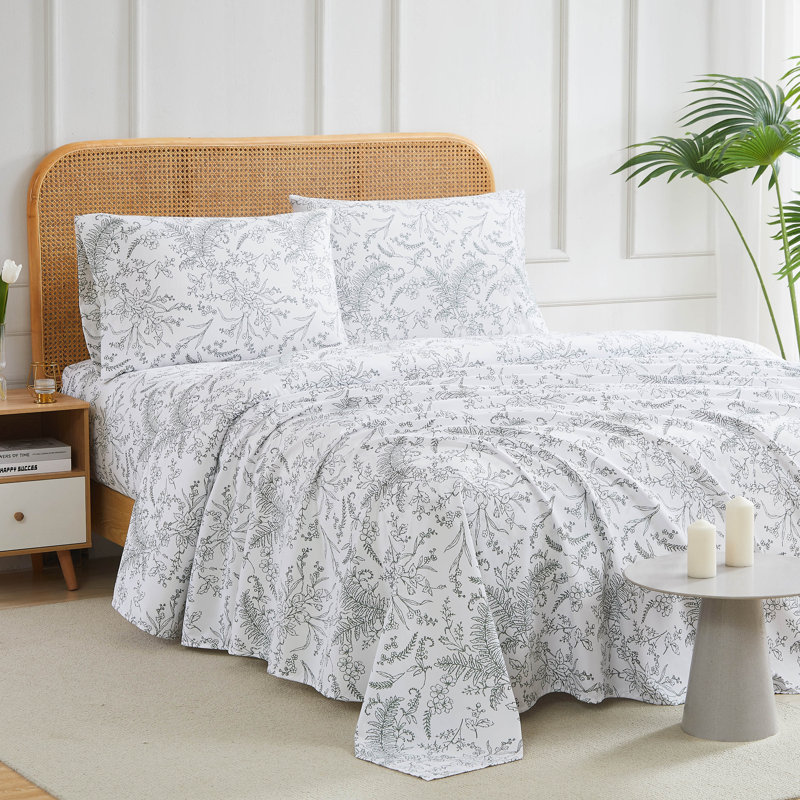 Winter Brush Floral Microfiber Sheet Set Easy Care and Wrinkle Resistant, Twin, White/Teal Flowers