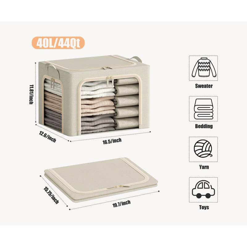 3 bacs de rangement pour vêtements avec cadre en métal, bac de rangement pliable pour les vêtements, bacs de rangement pour vêtements avec couvercle, boîte de rangement en lin avec fenêtre transparente, fermetures à glissière, poignées durables, 3 pièces, beige