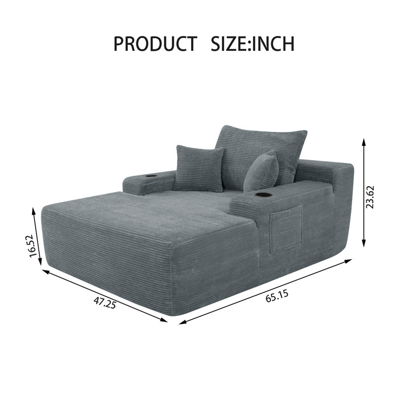 Chaise longue d'intérieur moderne en velours côtelé à accoudoirs carrés de 47 pouces, Grey