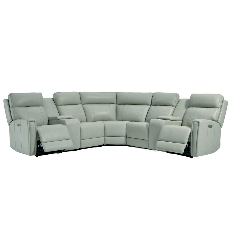7-Piece, 2 Power recliners Leather Reclining Sectional, Power headrest  , Green Genuine Leather, Power - Dial