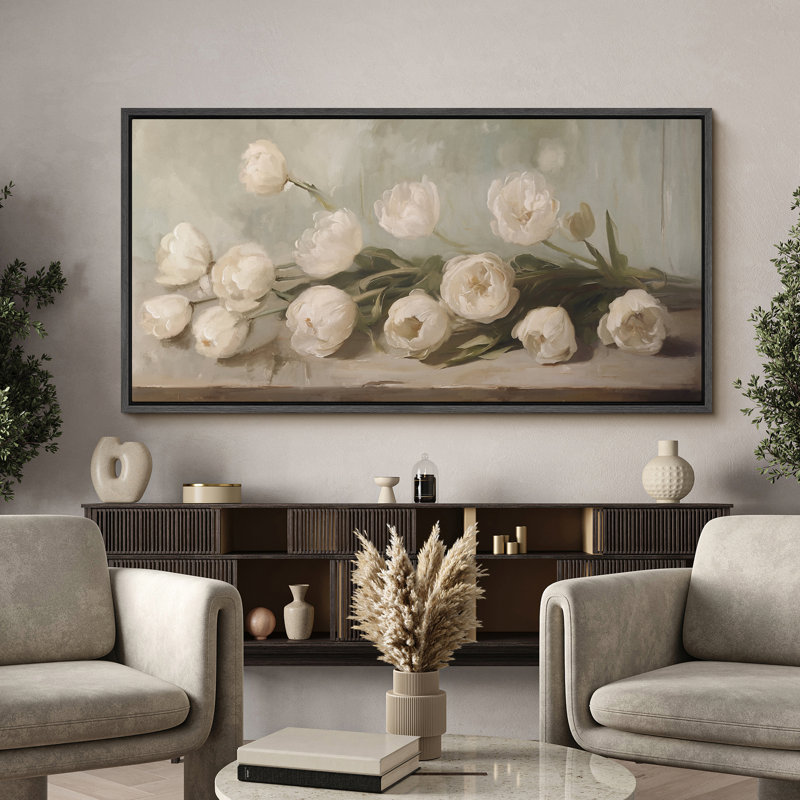 Art mural sur toile encadrée de nature morte avec tulipe blanche, Noir, H 30 po x l 60 po