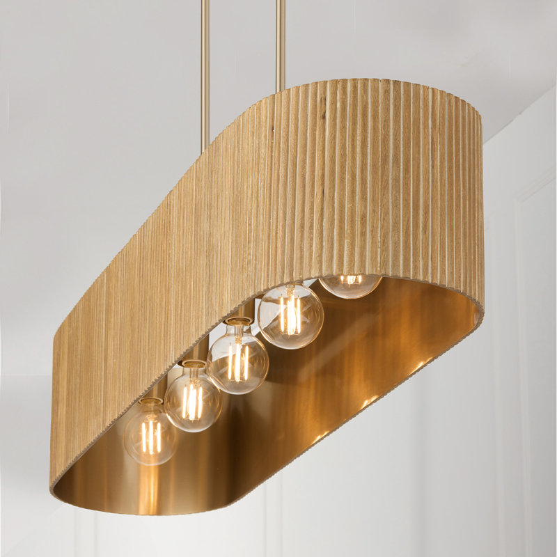 44.25" W x 9" H 5-Light Linear Chandelier and Handcrafted Fluted Mango Wood, White