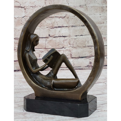 Signed Original Artwork Abstract Modern Art Girl Reading Book Bronze Sculpture