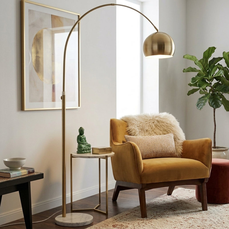 Lampe sur pied arquée 69 po en laiton avec base en marbre blanc, lampe sur pied incurvée de 38 po de large pour la lecture, lampe sur pied à abat-jour en dôme en métal pour appartement de chambre à coucher