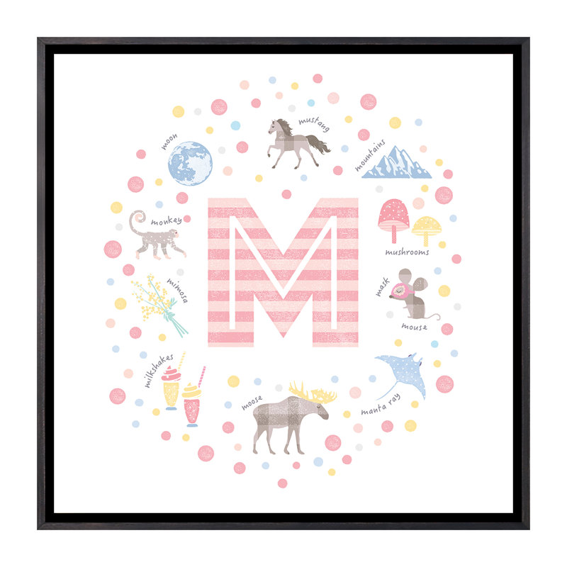 Lettre illustrée M rose - impression, Aucun mat, H 18 po x l 18 po x 1,5 po, Toile avec cadre noir patiné