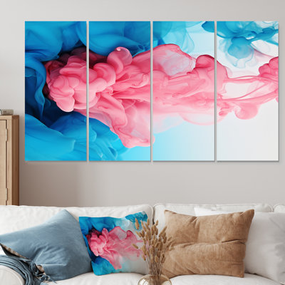 «Pink Émergence du bleu», art mural abstrait sur toile 4 pièces