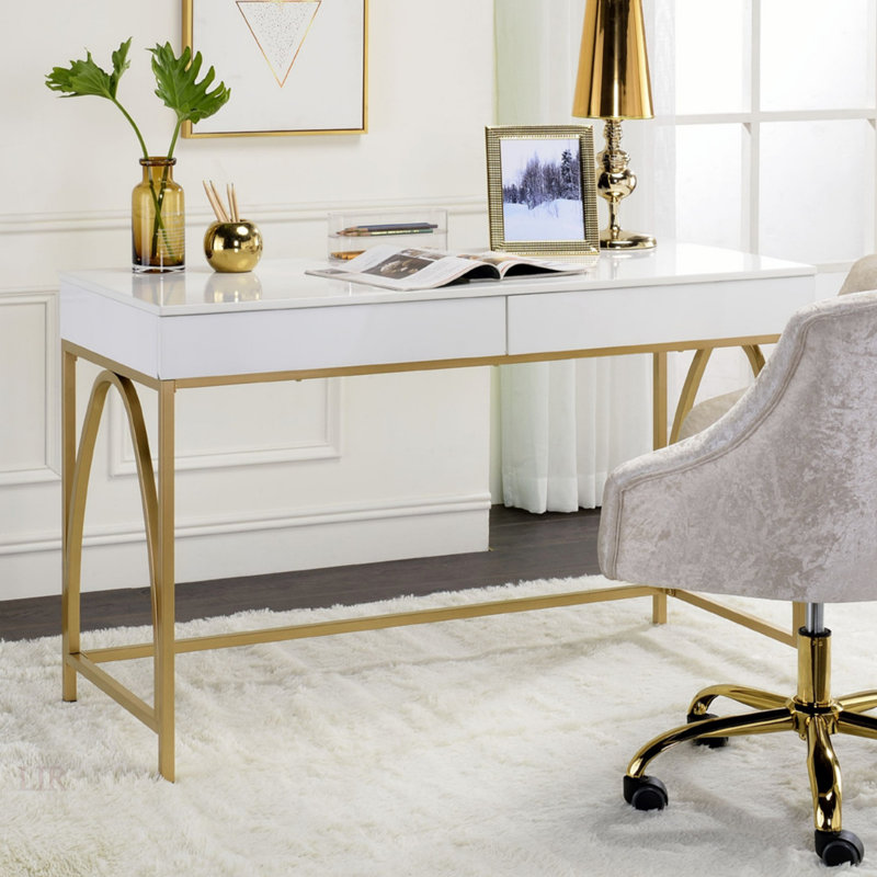 Bureau 2 tiroirs avec base à tréteaux en métal, blanc brillant et doré