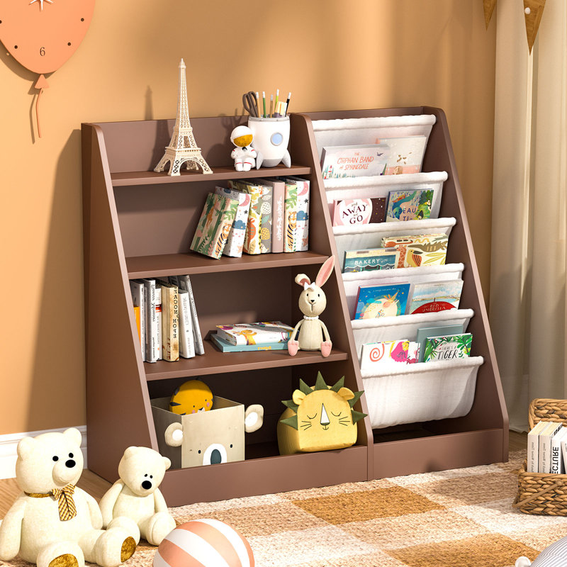 Bibliothèque pour enfants Maggiorina, étagère à livres, armoire de rangement, présentoir à livres, Espresso/blanc
