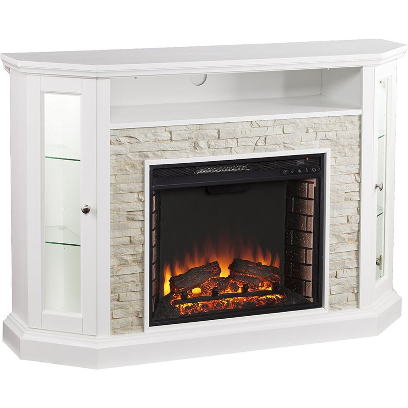 Stone Convertible Electric Corner Fireplace And Media Storage – Fresh White