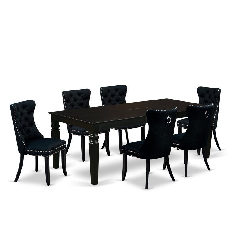 Ensemble de table de salle à manger 7 pièces composé d'une table de cuisine rectangulaire avec rallonge papillon et 6 chaises rembourrées en tissu de polyester, noir