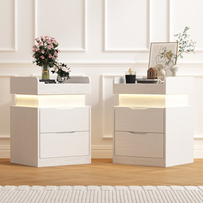  Table de chevet moderne à 2 tiroirs en bois avec station de charge et lumière DEL (ensemble de 2)