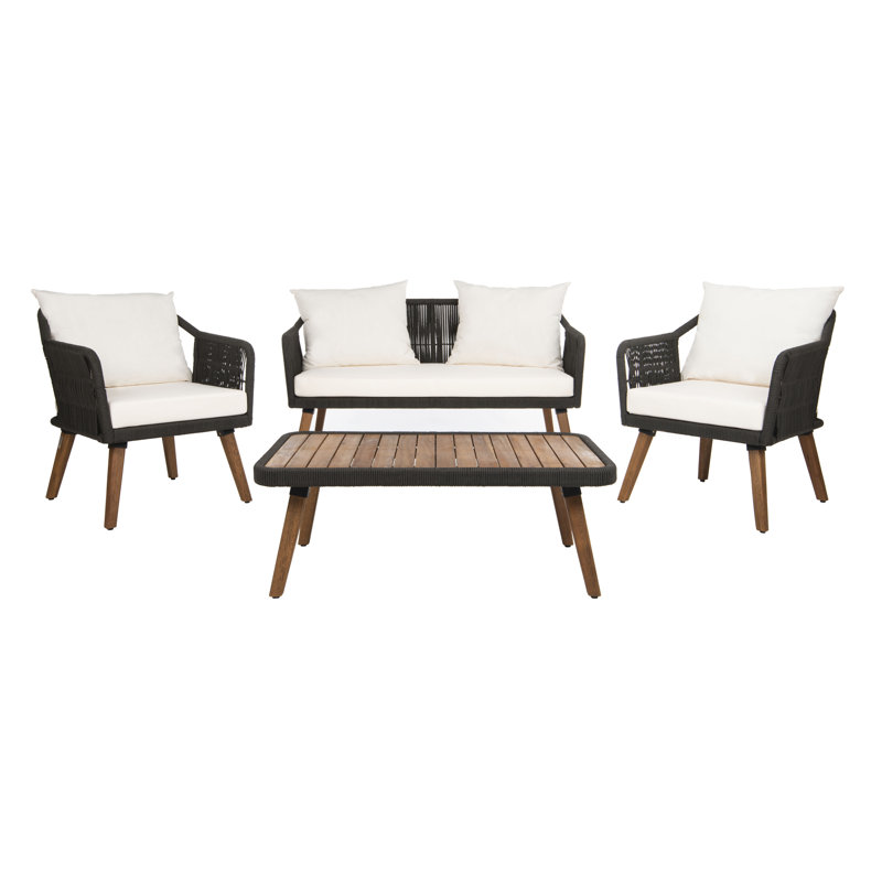 4 Piece Sofa Seating Group with Cushions, Black Frame/BeigeCushion