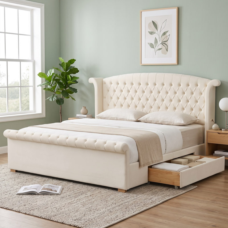 Wingback Tufted Upholstered Sleigh Bed with 2 Storage Drawers, King, Cream Velvet, King, Cream